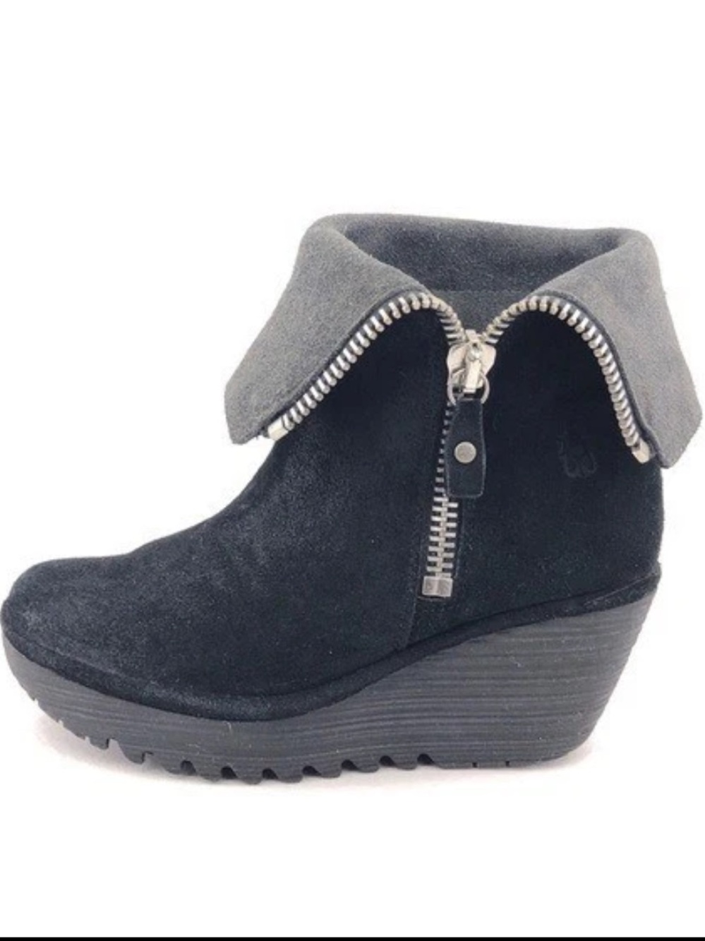 Fly London Yex Black Suede Foldover Wedge Ankle Boots (9-9.5)